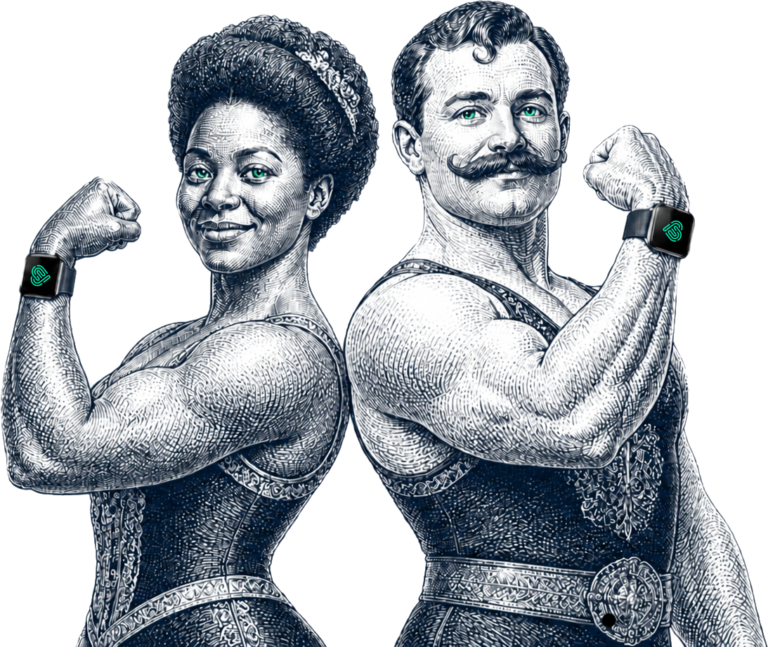 Engraved illustration of two strongmen flexing, each wearing a smartwatch